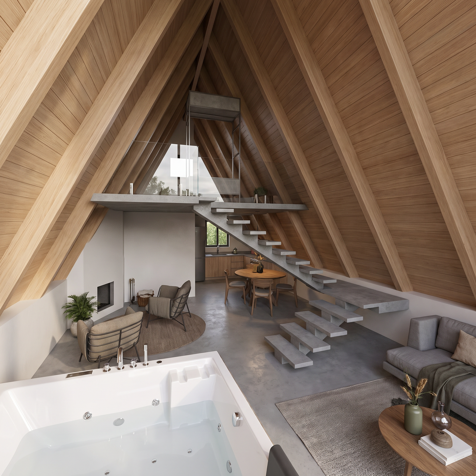 Interior contemporâneo com pé-direito duplo — Projeto Alicerce